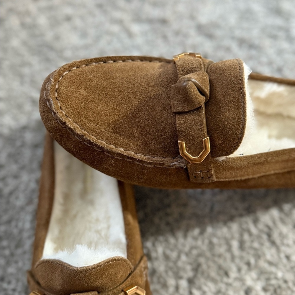 Cole Haan Women’s Evelyn Bow Driver Brown Suede Loafers with Gold Accent - Picture 4 of 7